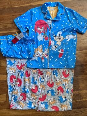 Sonic The Hedgehog 3 Piece Pajama Set Boys Size 10/12 Blue Cozy Lounge NEW